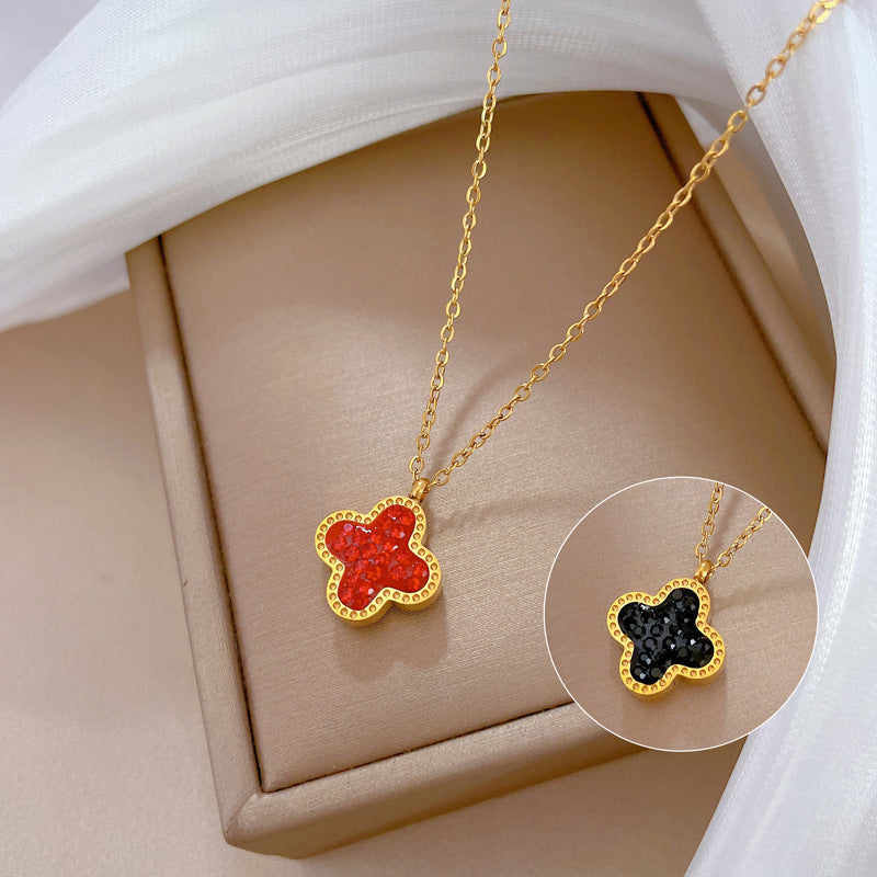 Minimalist Four-Leaf Clover Pendant Necklace in Titanium Steel with Gold Plating for Women and Men, Adjustable Locket Chain Jewelry