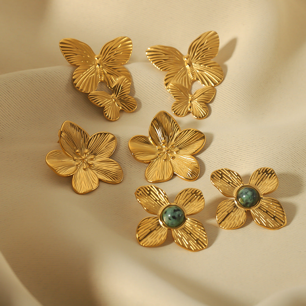 Vintage-Style Butterfly-Shaped Stainless Steel Earrings with 18K Gold Plating for Women