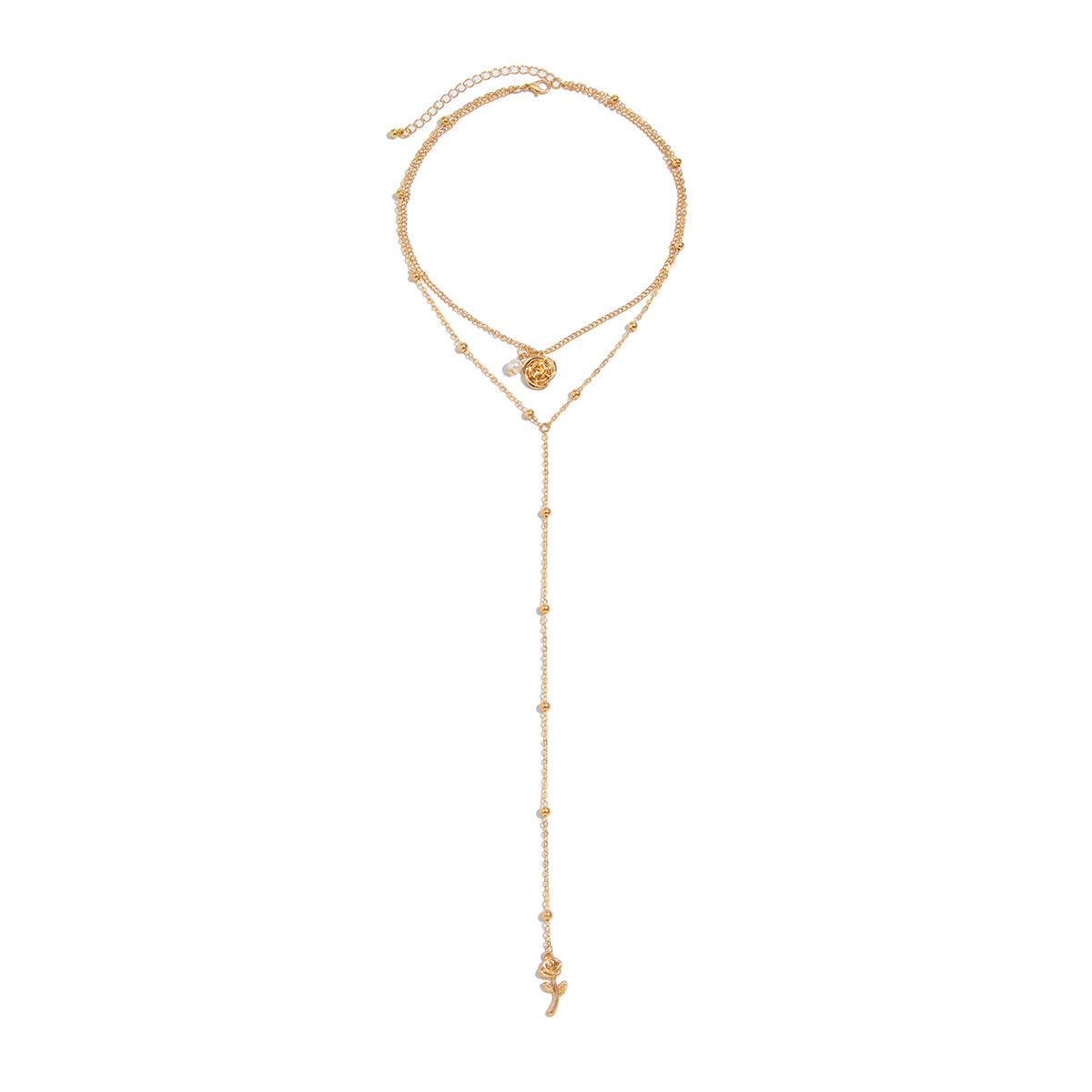 Minimalist Rose Y-Shaped Long Pearl-Style Pendant Necklace for Women with Gold-Plated Alloy and Imitation Pearl Accents on Ball Chain