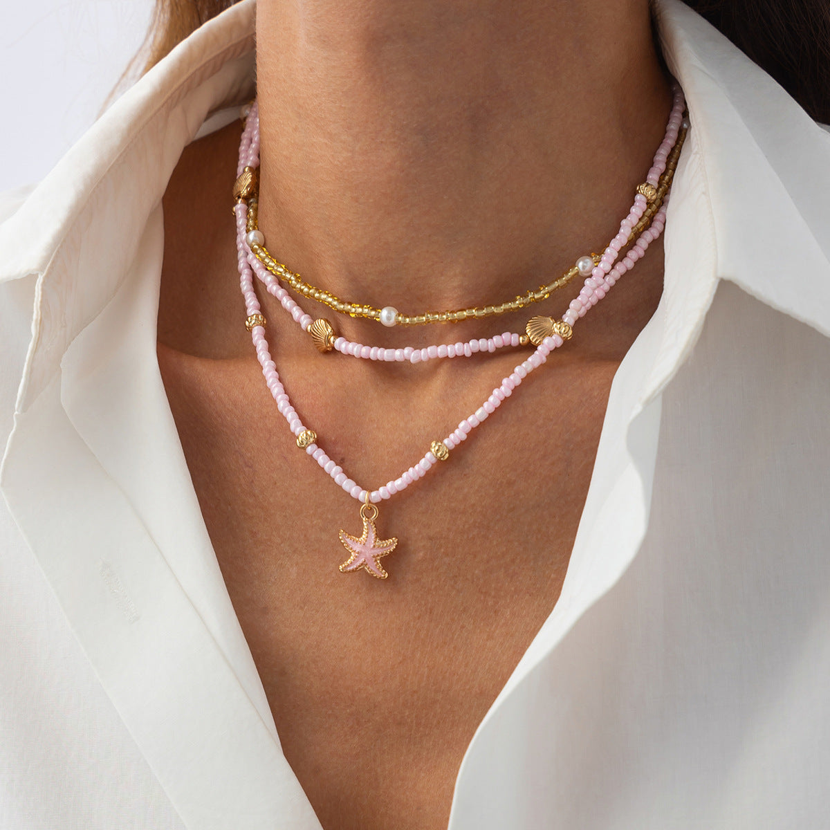 Collana Pendente a Stella Bohemien da Donna con Perle Imitazione e Ciondolo in Lega, Catena Clavicola a Strati Realizzata a Mano