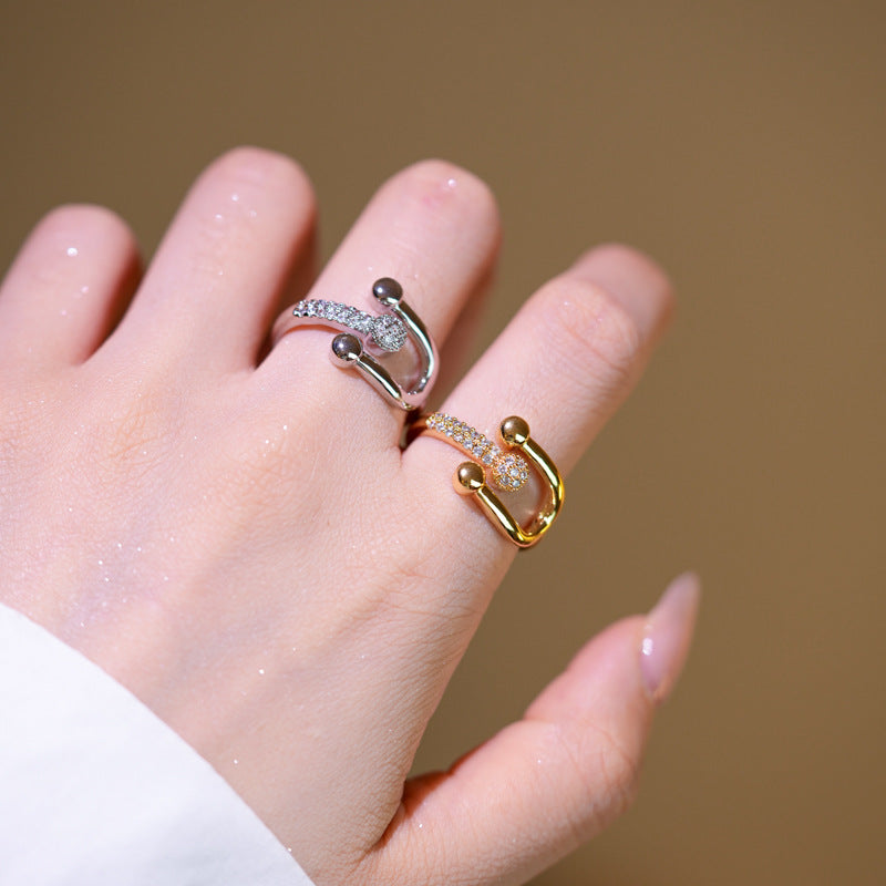 Minimalist Luxury U-Shaped Adjustable Horseshoe Ring in Copper with 18K Gold Plating and Micro-Pavé Zirconia