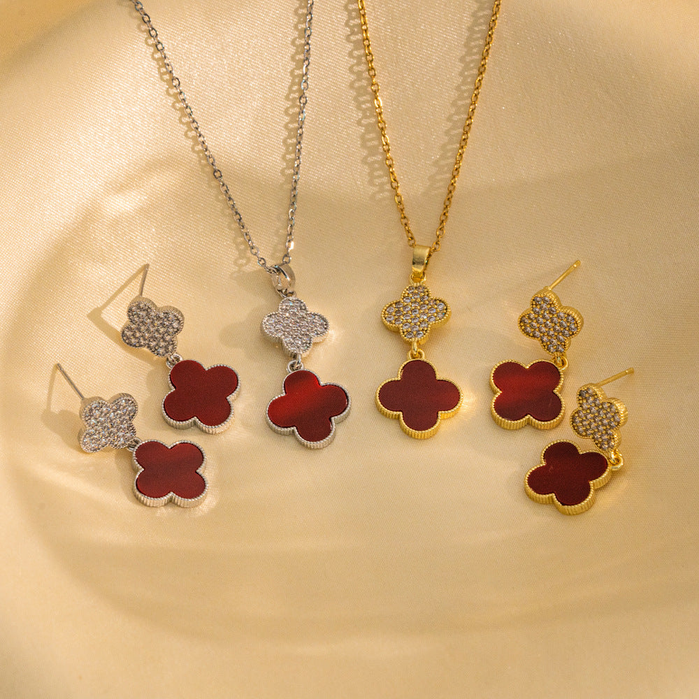 Set collana di lusso in acciaio al titanio geometrico con dettagli in strass micro-pavé e catena a maglie ovali per donna