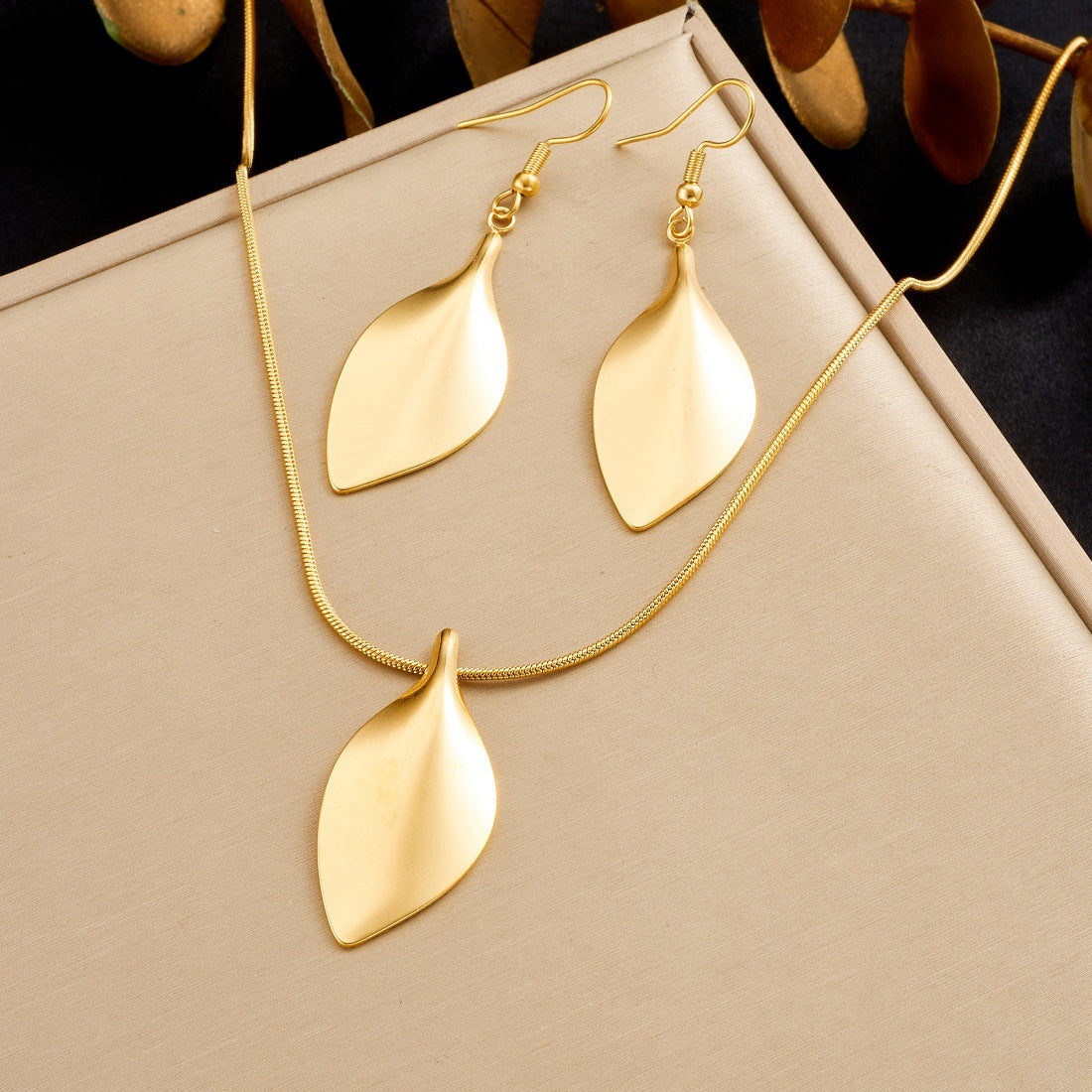 Minimalist Gold Plated Stainless Steel Leaf Pendant Necklace and Earring Set with Snake Chain for Women