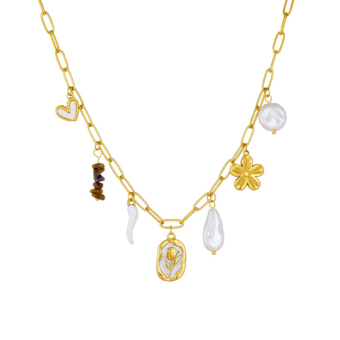 Elegant Geometric Heart Flower Stainless Steel Plated Necklace and Bracelet Set with Pearl and Tiger's Eye for Women