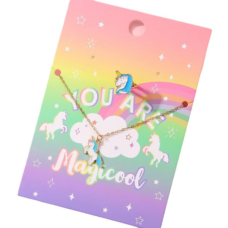 Conjunto de collar y anillo de unicornio de dibujos animados para niños, joyería de aleación con acabado de esmalte, collares y anillos infantiles con forma de animal