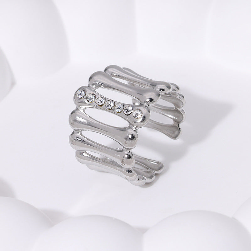 Minimalist Geometric Stainless Steel Open Ring for Women with 18K Gold Plating and Rhinestone Inlay