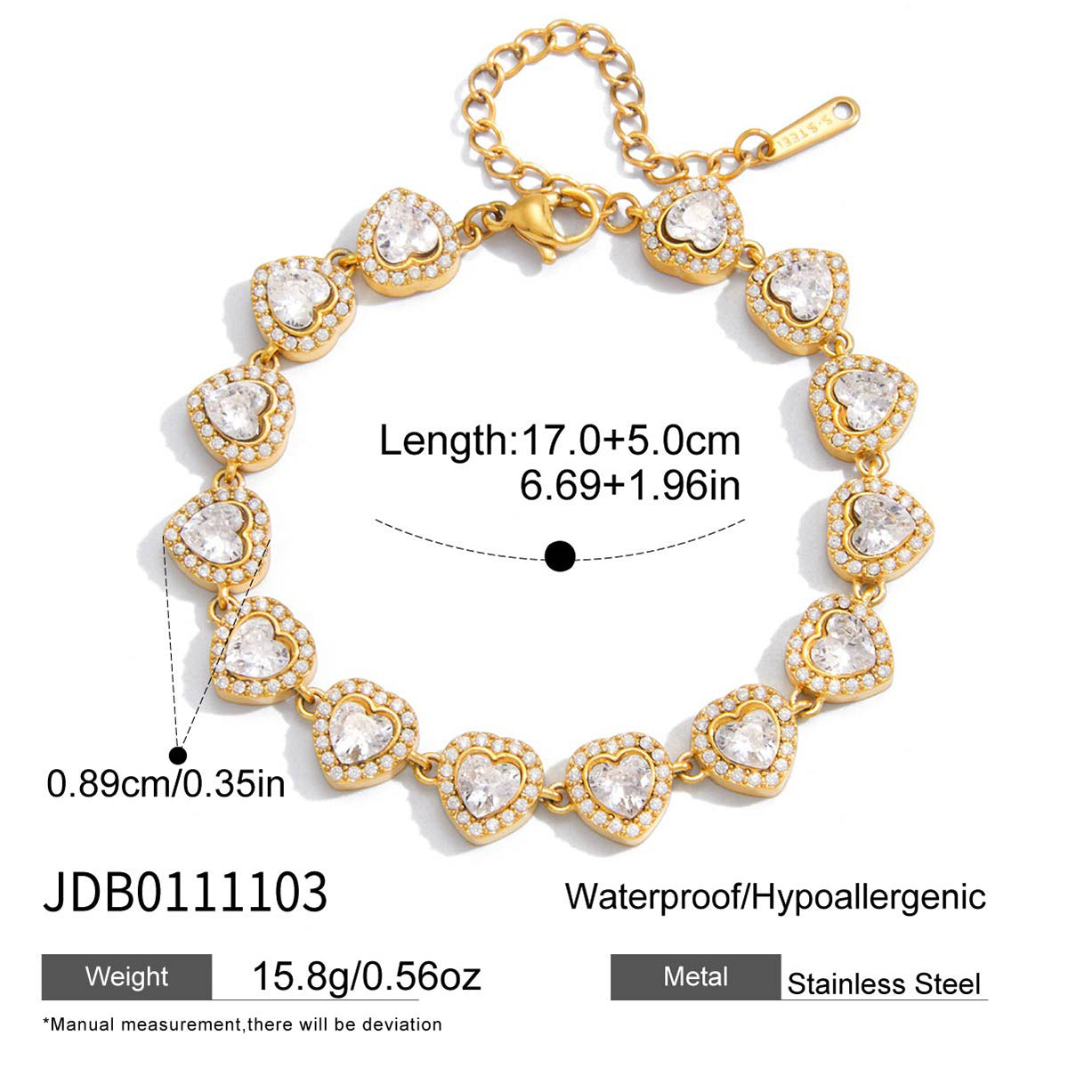 Geometric Heart Stainless Steel Plated Cubic Zirconia Tennis Bracelet for Women