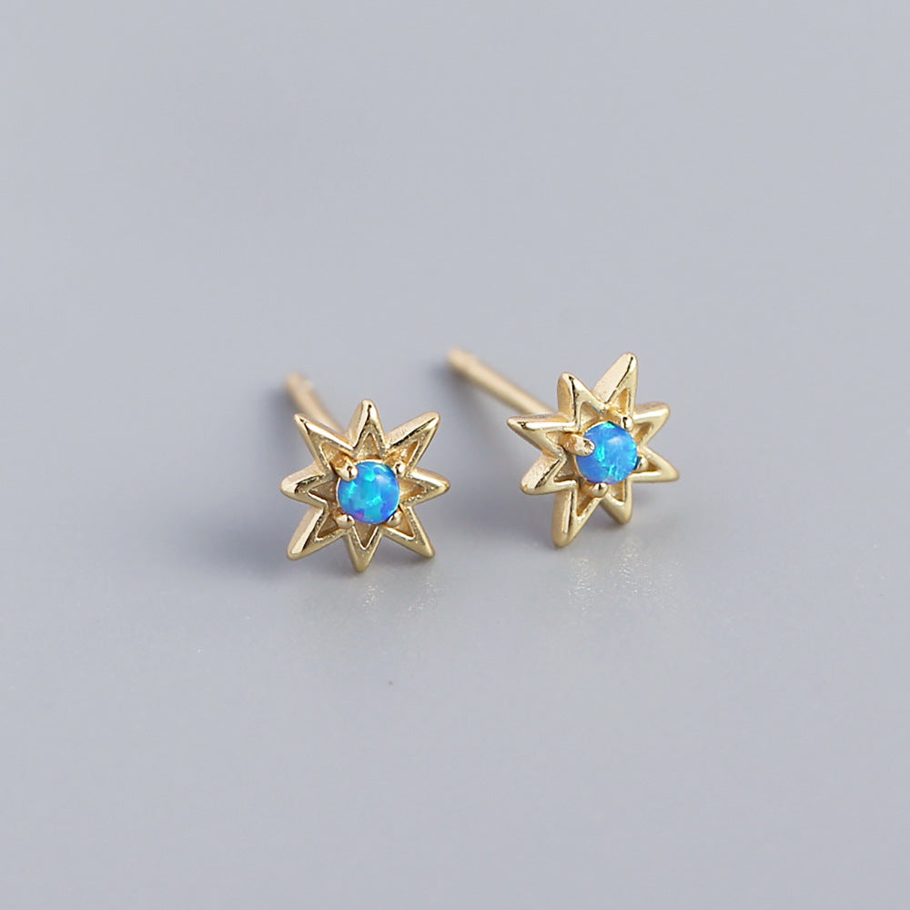 Sweet-Edgy Octagonal Star Shaped S925 Sterling Silver Opal Stud Earrings for Women