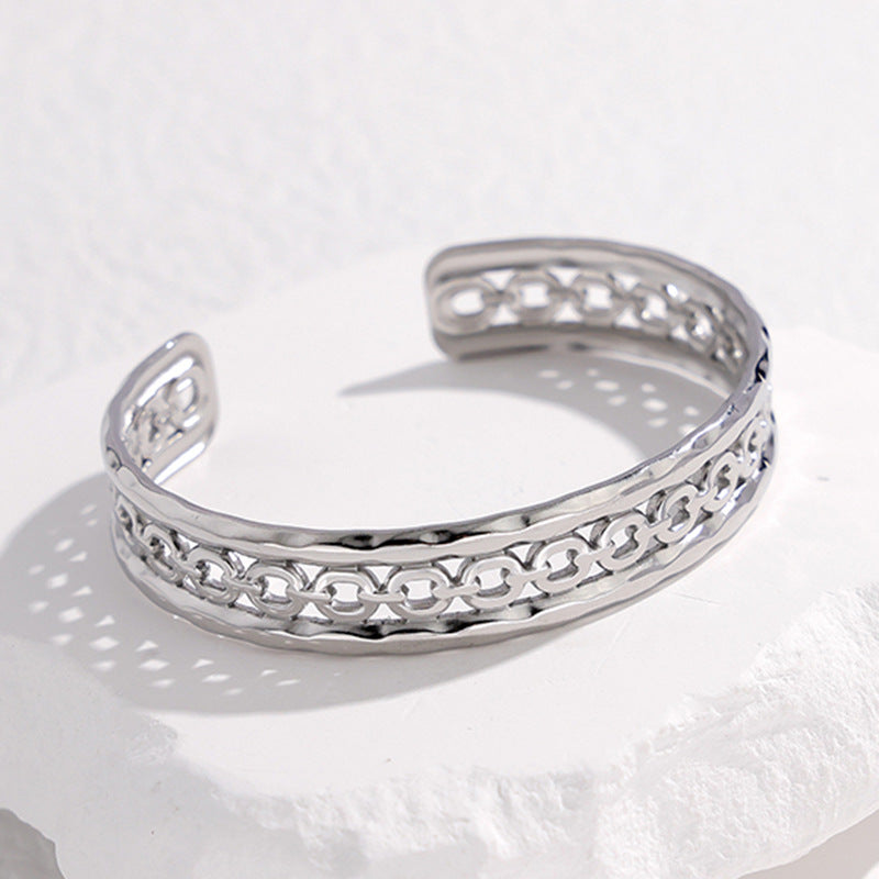 Adjustable Titanium Steel Bracelet for Women with Geometric Line Design Electroplated Finish Statement Cuff