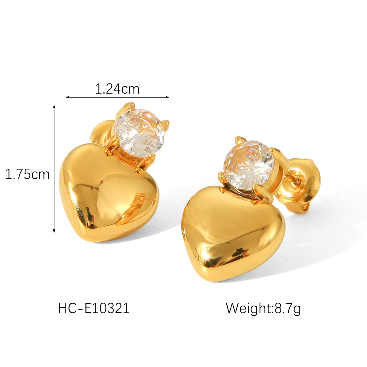 Orecchini a perno minimalisti a forma di cuore in acciaio al titanio con placcatura in oro 18 carati da donna