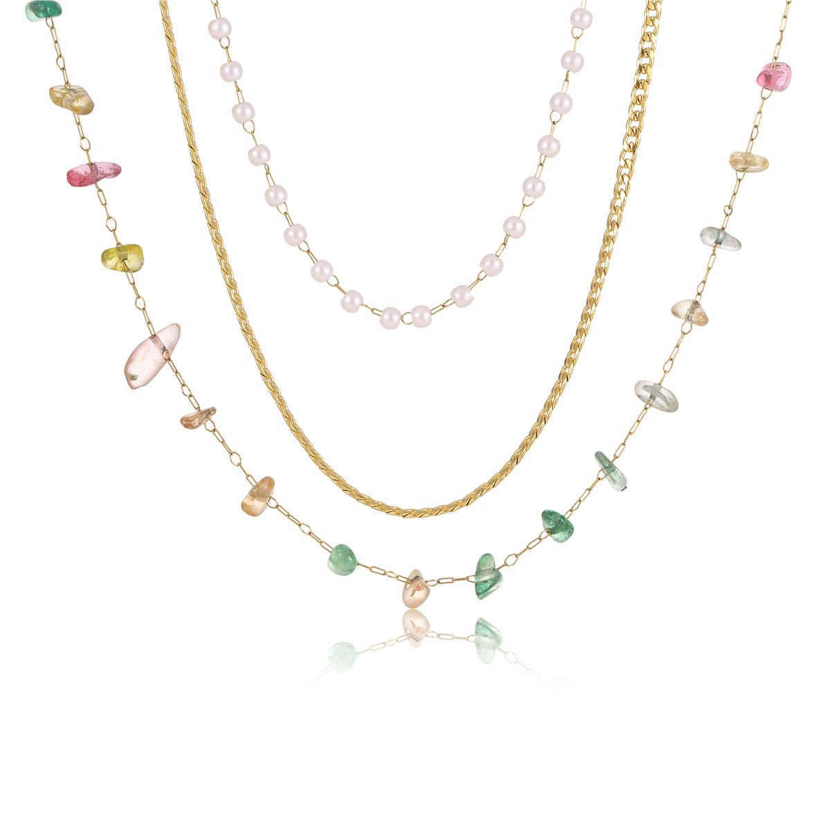 Fashionable Minimalist Multi-Chain Pearl and Colored Rhinestone Pendant Necklace in Stainless Steel with 18K Gold Plating for Women