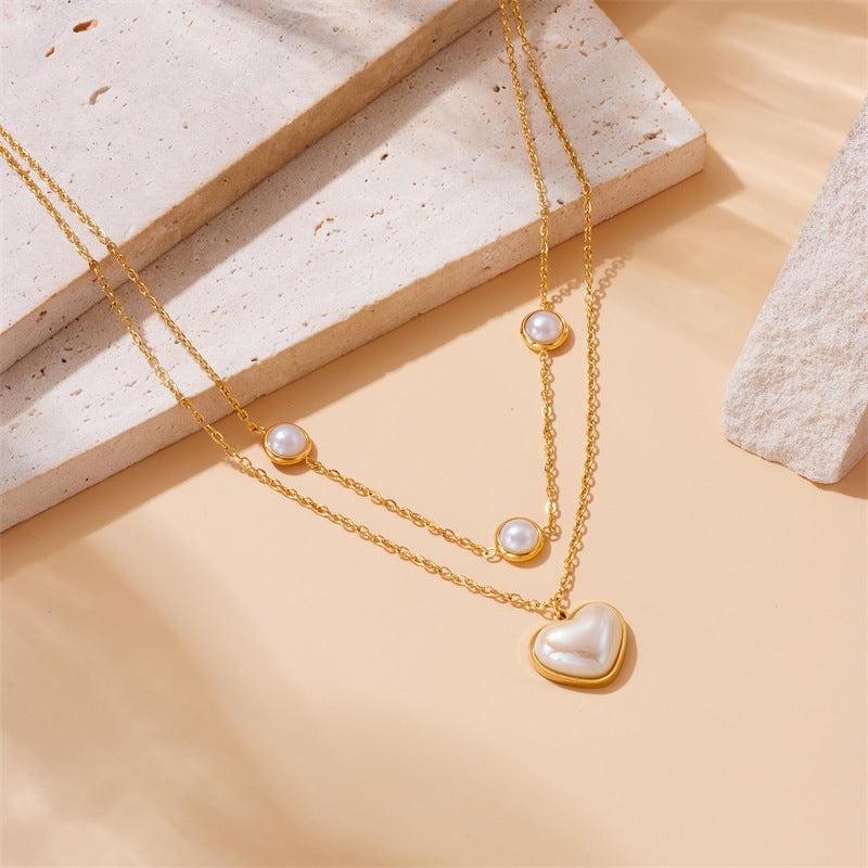 Vintage Minimalist Gold-Plated Stainless Steel Heart Butterfly Eye Pearl Pendant Multi-Layer Necklace