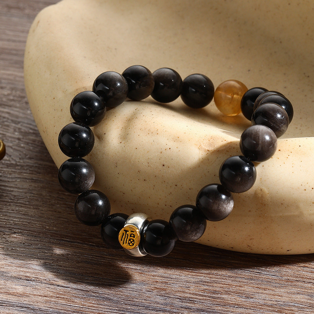 10mm Natural Gold Obsidian Round Beaded Bracelet Plated Geometric Unisex Gift
