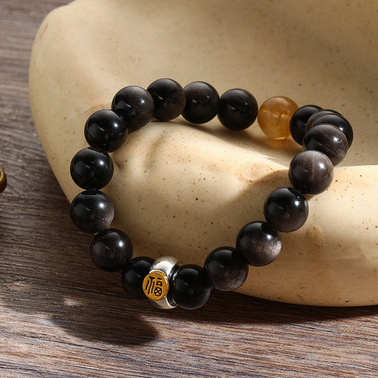 10mm Natural Gold Obsidian Round Beaded Bracelet Plated Geometric Unisex Gift