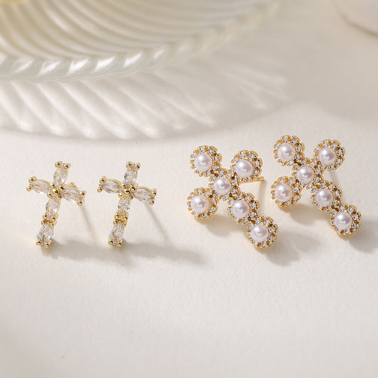 Fashion Geometric Cross Brass 18K Gold Plated Cubic Zirconia Pearl Stud Earrings for Women