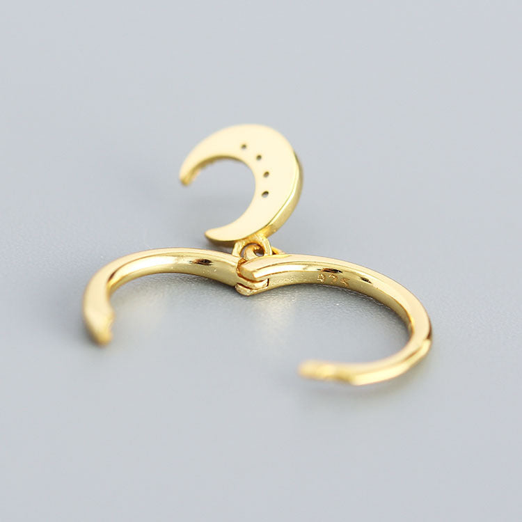 Minimalist Moon-Shaped S925 Sterling Silver Stud Earrings with Rhinestone Inlay for Women