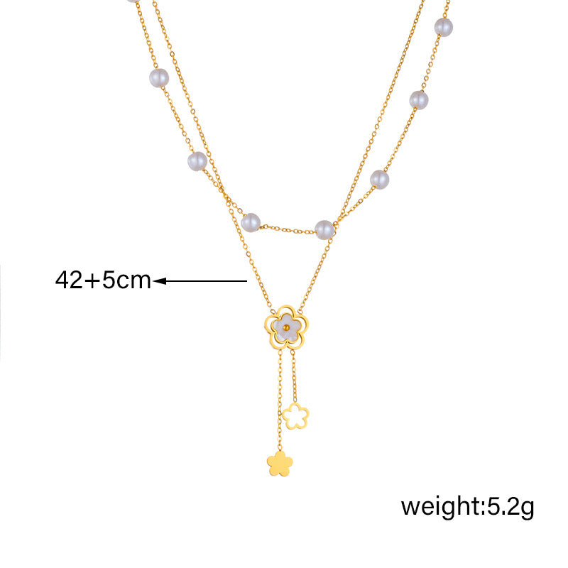 Minimalist Fashion Double-Layer Pearl Flower Pendant Titanium Steel Necklace with Tassel and Chain