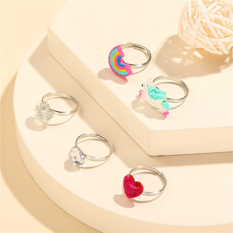 Anello in resina regolabile per bambini Unicorno Cartone Animato con forma a cuore e fantasia arcobaleno