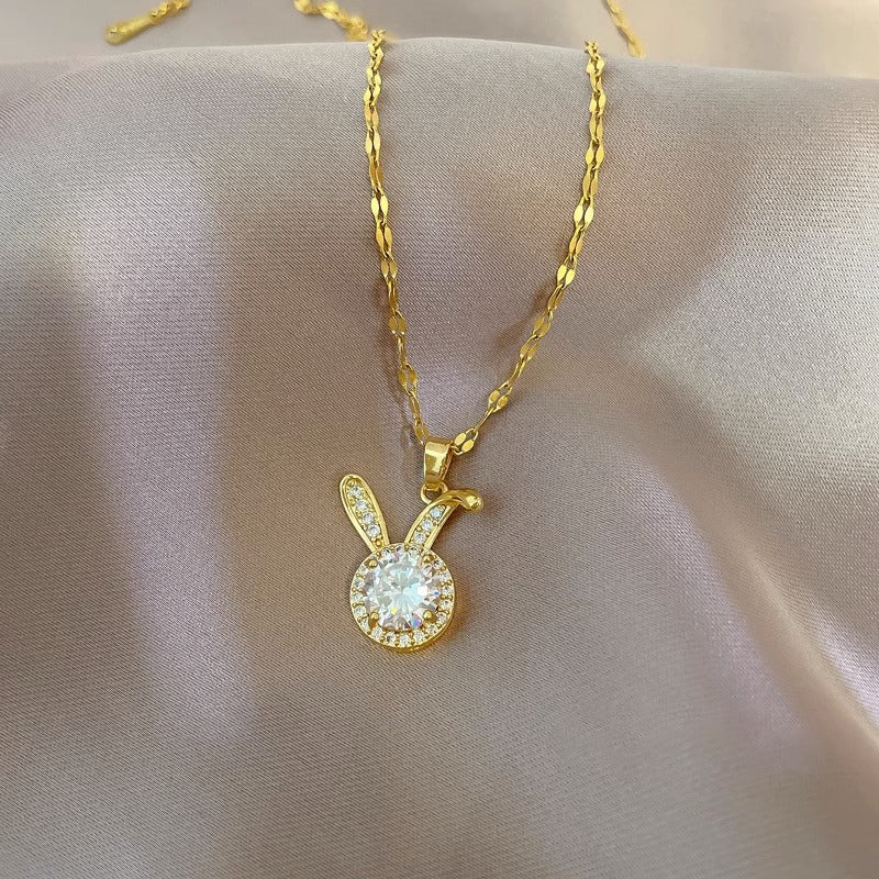 Cute Rabbit Pendant Necklace for Women Made of Titanium Steel with Rhinestone Inlay and Plated Finish, Minimalist Clavicle Chain