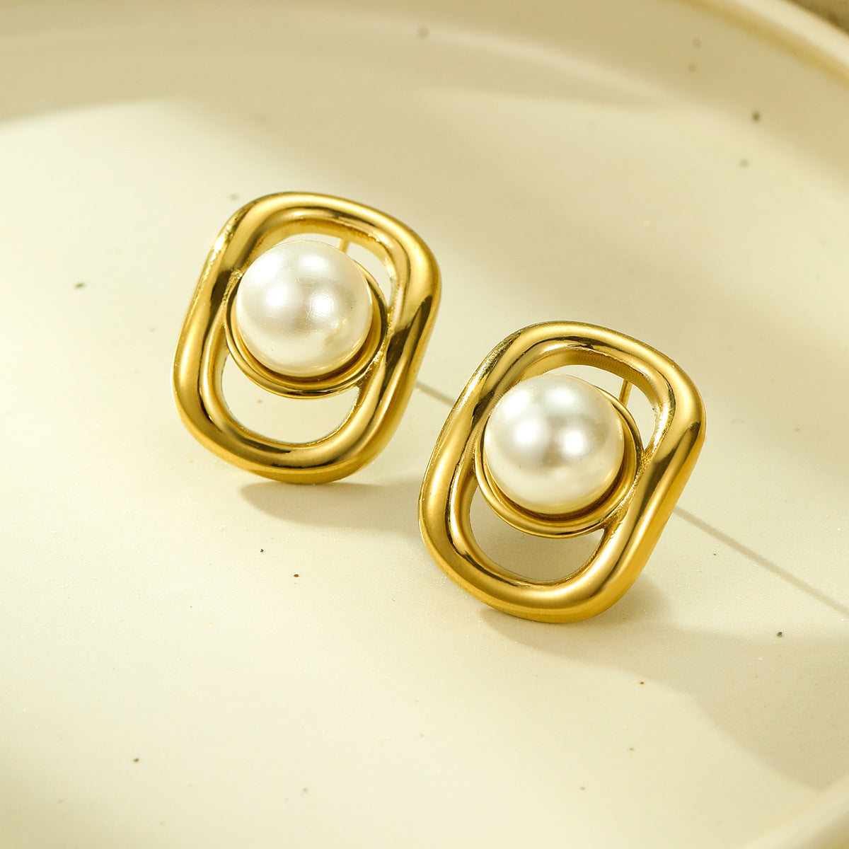 Orecchini da donna in acciaio inossidabile a forma quadrata geometrica minimalista con intarsio di perle