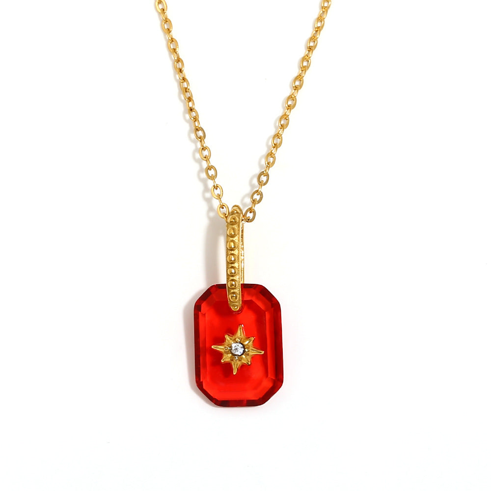 Minimalist Geometric Eight-Pointed Star Pendant Necklace for Women Stainless Steel with 18K Gold Plating and Acrylic Inlay