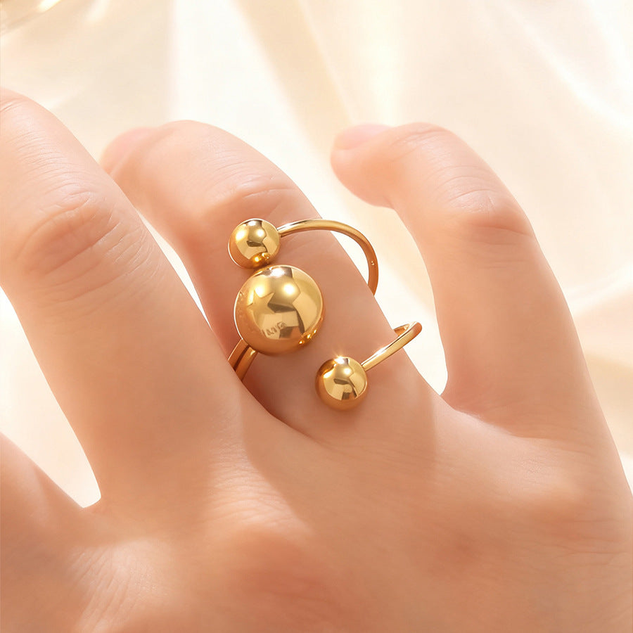 Minimalist Stainless Steel Plated Geometric Round Asymmetric Three-Ball Open Ring for Women