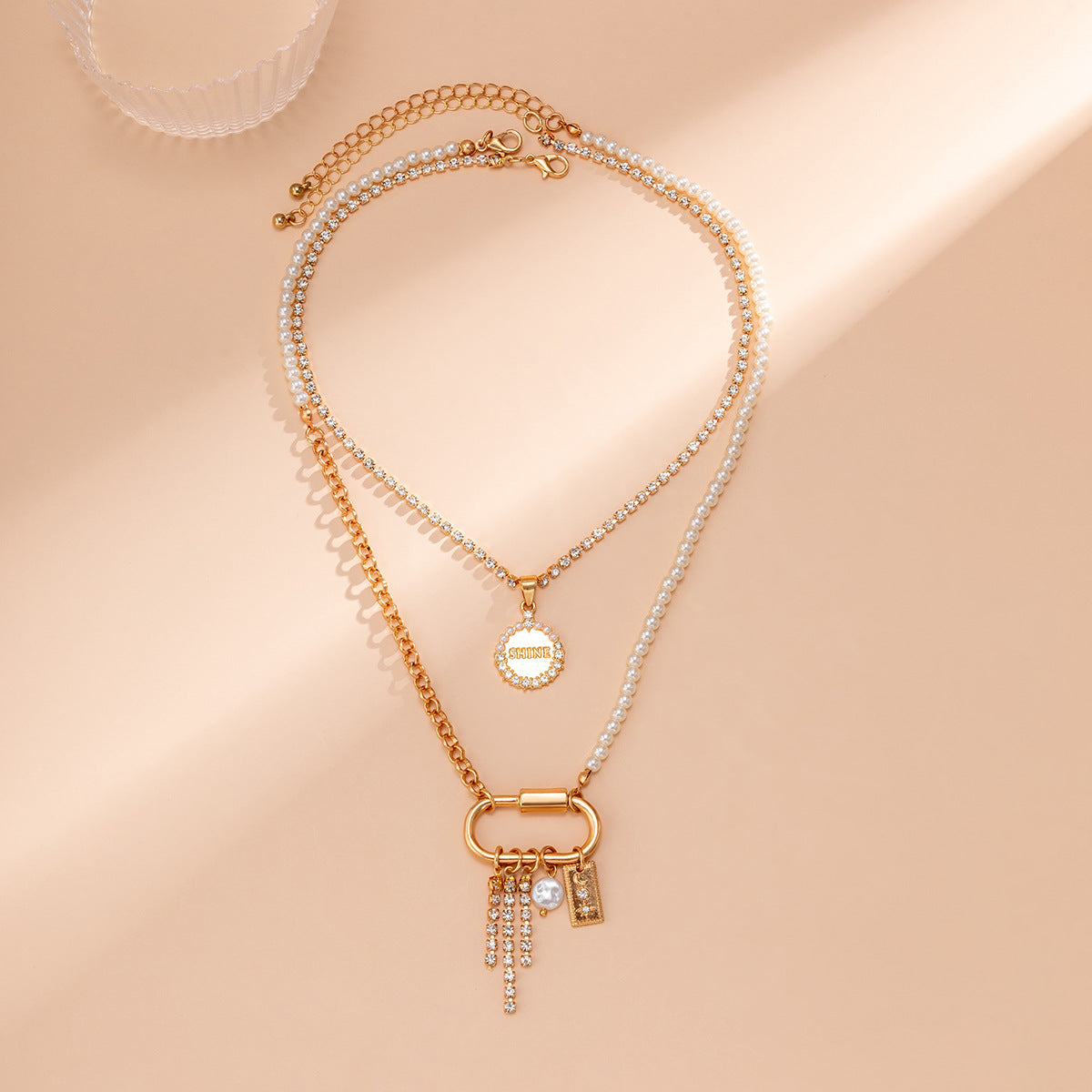 Minimalist Elegant Geometric Double Ring Faux Pearl Plated Alloy Ball Chain Necklace for Women