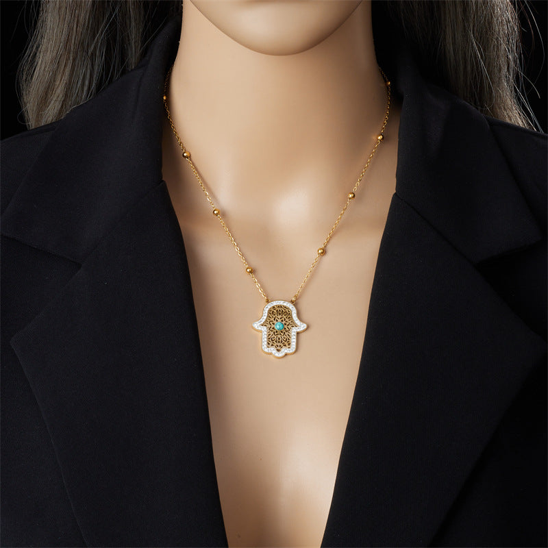 Vintage Fashion Hand-Shaped Turquoise Inlay Openwork Mesh Stainless Steel Necklace and Earrings Set
