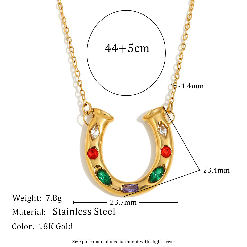 Minimalist U-Shaped Pendant Necklace in 316L Stainless Steel with 18K Gold Plating and Colorful Rhinestones for Women