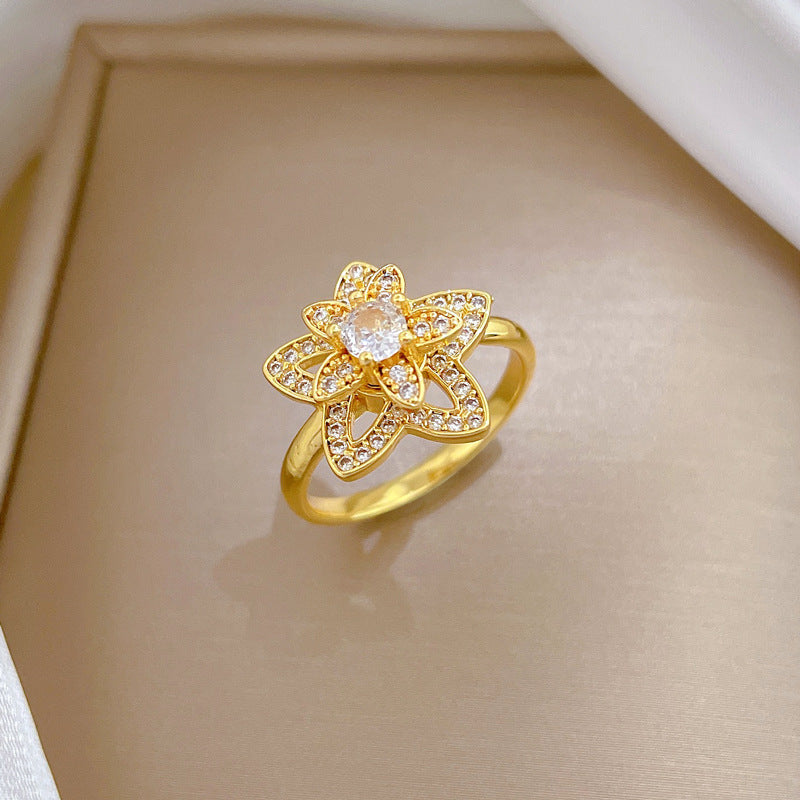 Minimalist Sweet Gold Plated Brass Floral Rotatable Adjustable Ring for Women and Couples