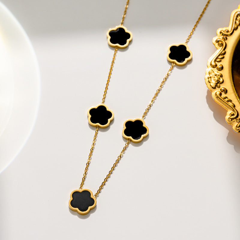 Luxury Minimalist Floral Five-Petal Pendant Necklace Set with Titanium Steel Chain and Mother-of-Pearl Inlay for Women