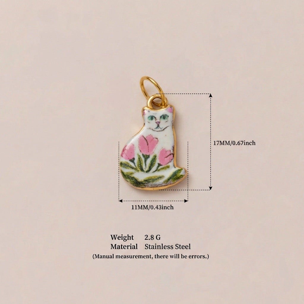 Cute Cat Ceramic Drip Oil Plated Stainless Steel Charm Bar Pendant