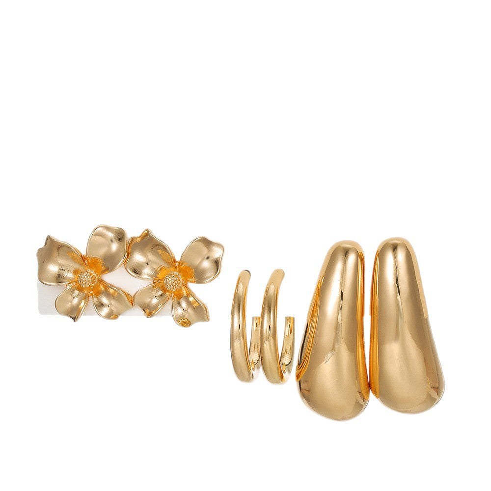 Vintage Floral Geometric Round Alloy Plated C-Shape Earrings Set