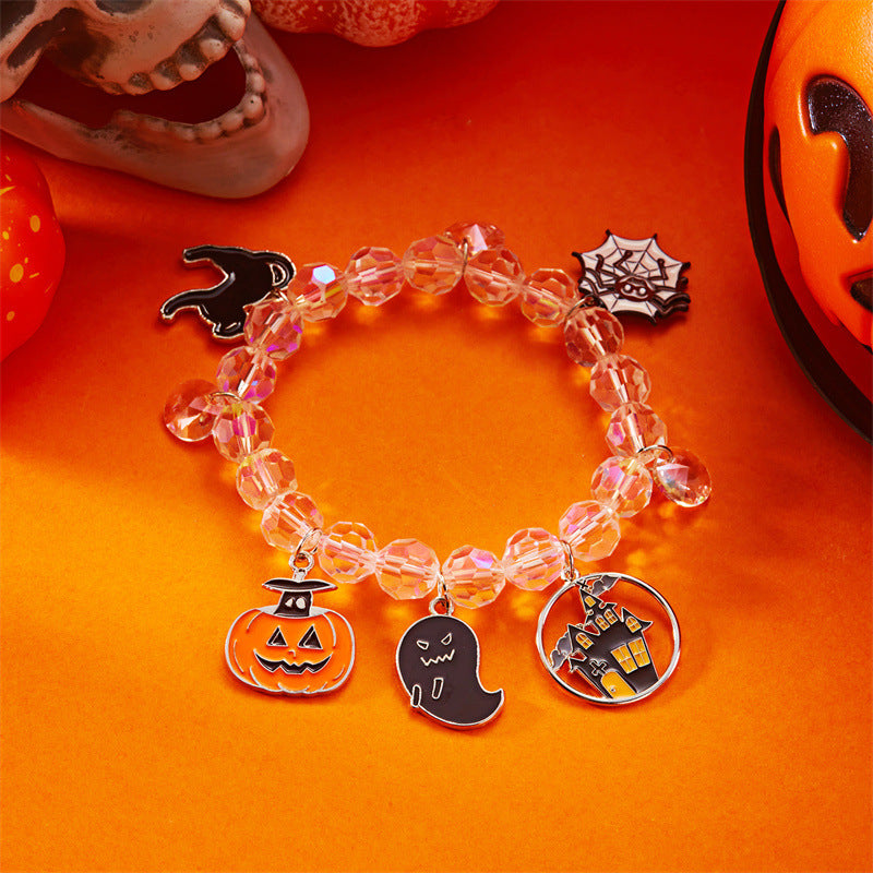 Pulsera de aleación con diseño de gato negro y calavera, temática de Halloween, con cuentas geométricas estilo gótico
