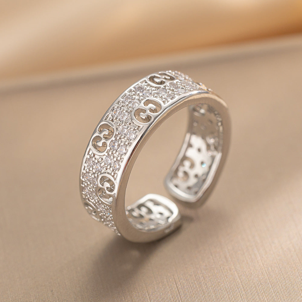 Luxury Minimalist Adjustable Open Ring for Women with Gold-Plated Copper Band and Zircon Stone Accent in Heart and Floral Shape