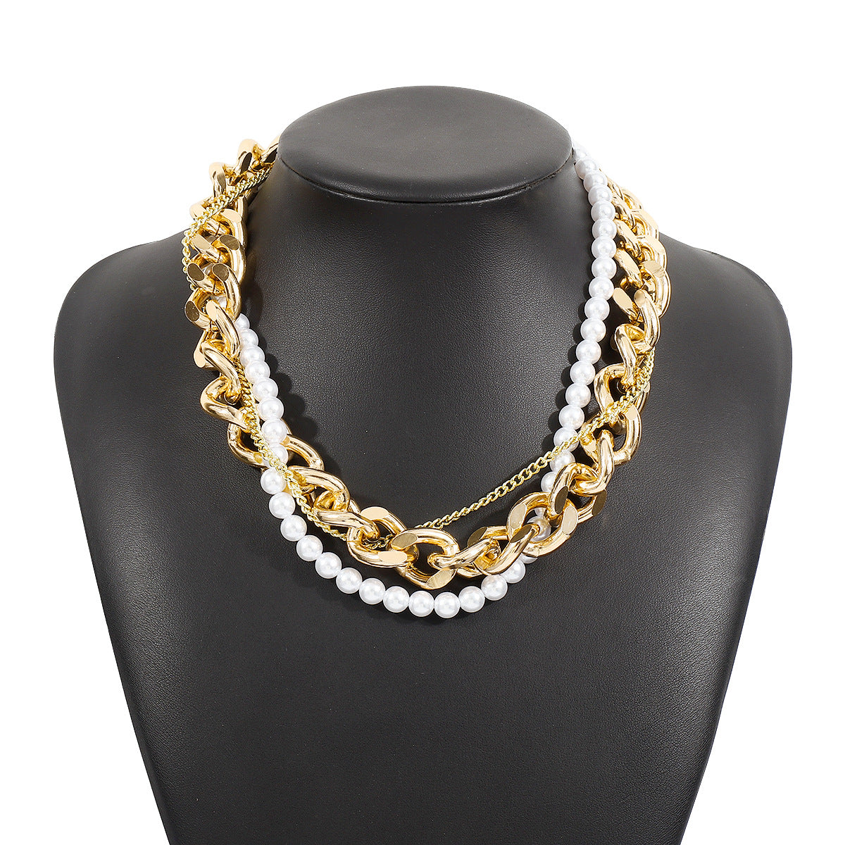 Collar multicapa vintage geométrico de perlas para mujer, cadena de aleación con incrustaciones de perlas de imitación