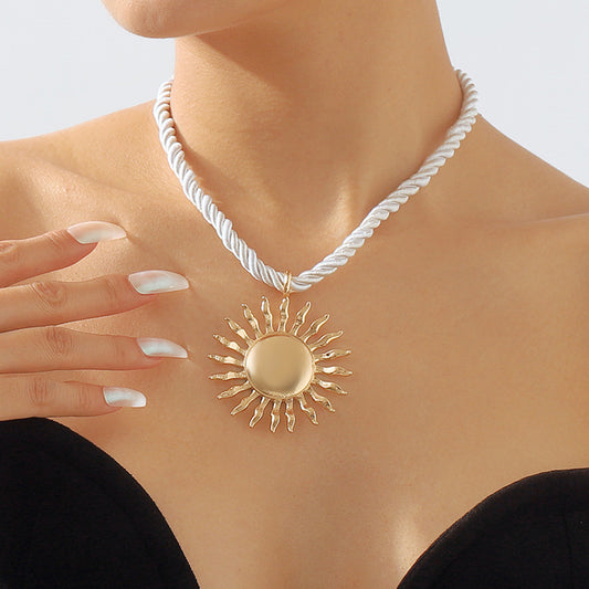 Sweet and Edgy Geometric Sunflower Pendant Clavicle Necklace Set in Alloy with Plated Finish