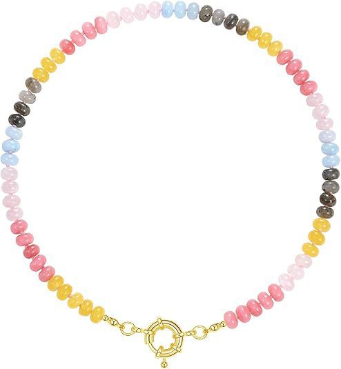 Sweet 8mm Natural Stone Bead Necklace Stainless Steel Geometric Round Ball Chain for Women