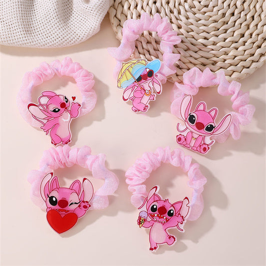 Graziose Code di Cavallo di Stitch Rosa per Bambine, Fermacoda Elastico con Personaggio dei Cartoni Animati, Accessorio per Fascia in Maglia con Fiocco