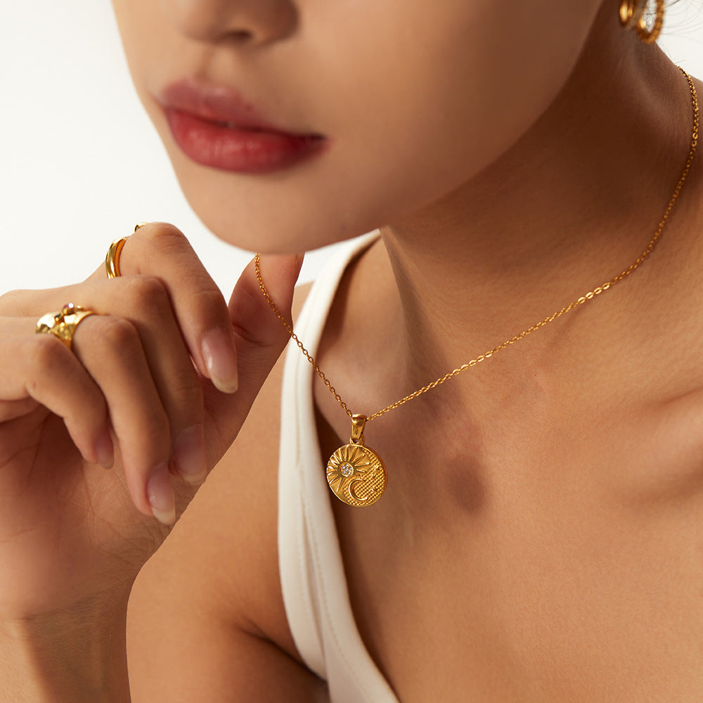 Minimalist Geometric Coin Pendant Necklace for Women Stainless Steel with Plated Finish Versatile Retro-Inspired Sweater Chain