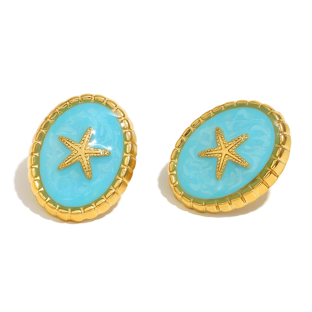 Vintage Style Geometric Stainless Steel Ear Studs with 18K Gold Plating and Blue Enamel Star Design