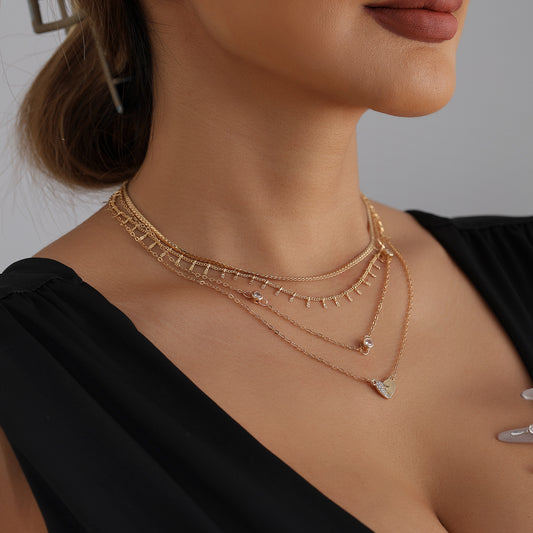 Fashion Multi-Layer Geometric Heart Rhinestone Alloy Plated Tassel Necklace for Women