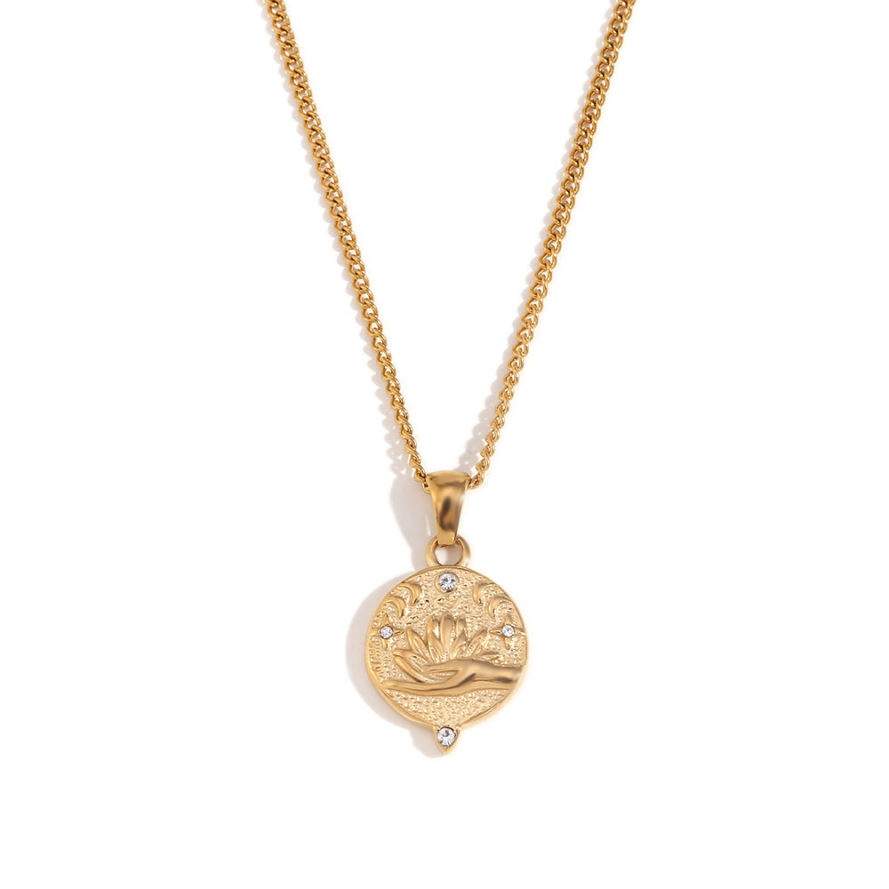 Vintage Minimalist Round Geometric Pendant Necklace in Stainless Steel with 18K Gold Plating for Women