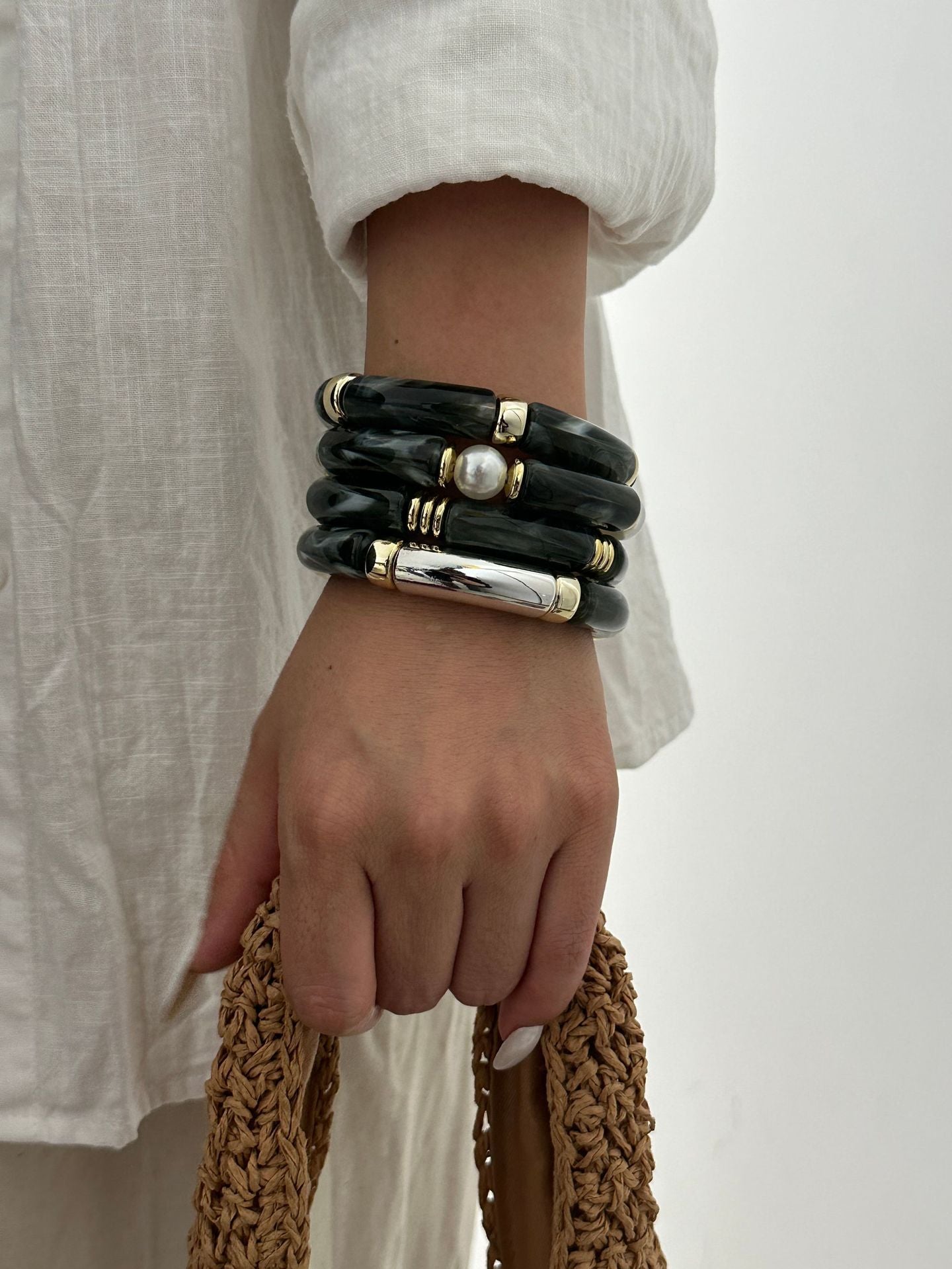 Bracciale Acrilico Vintage con Gradiente Geometrico placcato e Perline con design a Bambù