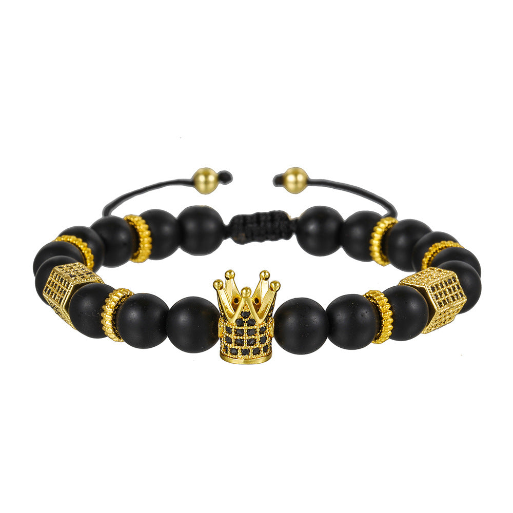 8mm Matte Black Turquoise Cubic Zirconia Crown Bracelet Adjustable Unisex Brass Jewelry