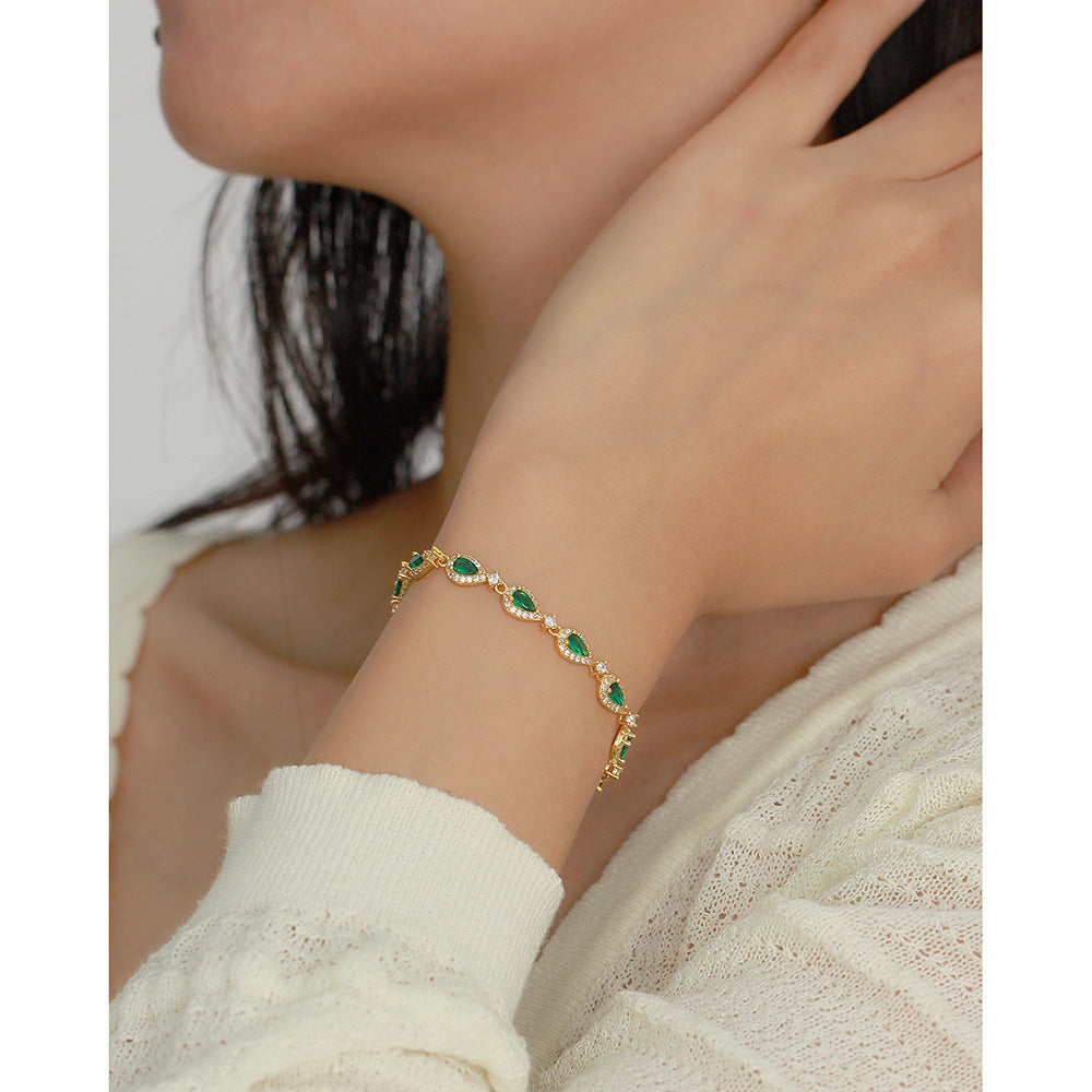 Vintage Geometric Emerald Green Rhinestone-Set S925 Sterling Silver Bracelet for Women with Luxe Elevated Aesthetic