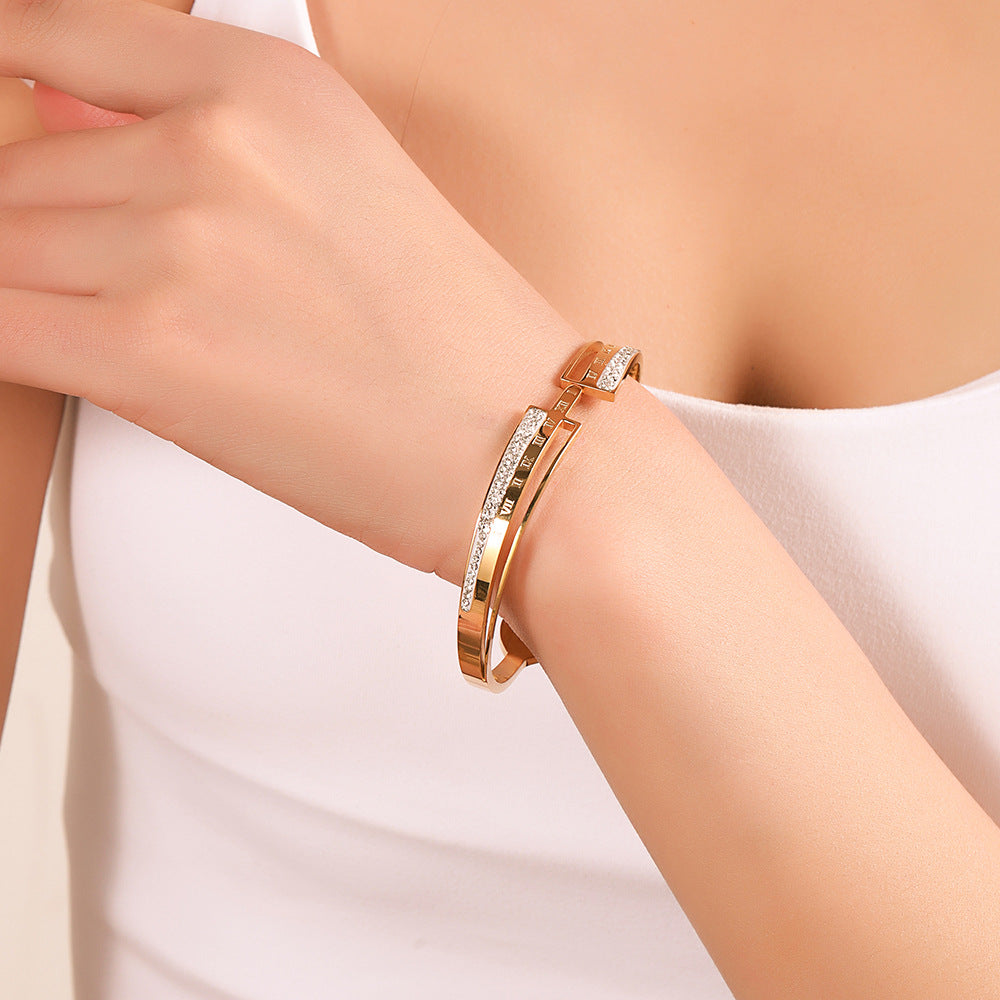 Minimalist Titanium Steel Rhinestone Inlay Geometric Round Letter Number Hollow Spring Cuff Bracelet