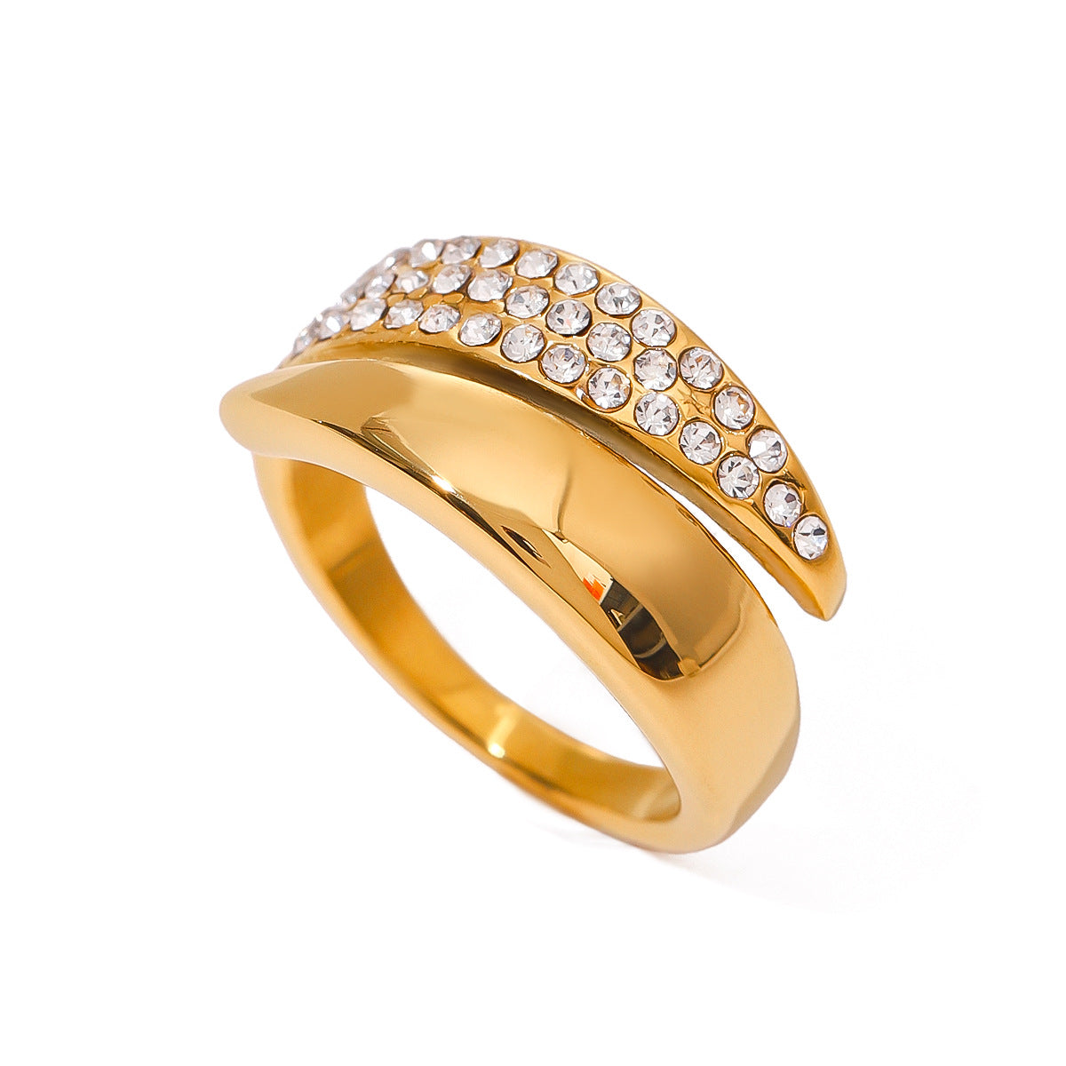 Anello geometrico in acciaio inossidabile con strass e finitura galvanica, gioiello da donna alla moda e per il pendolarismo