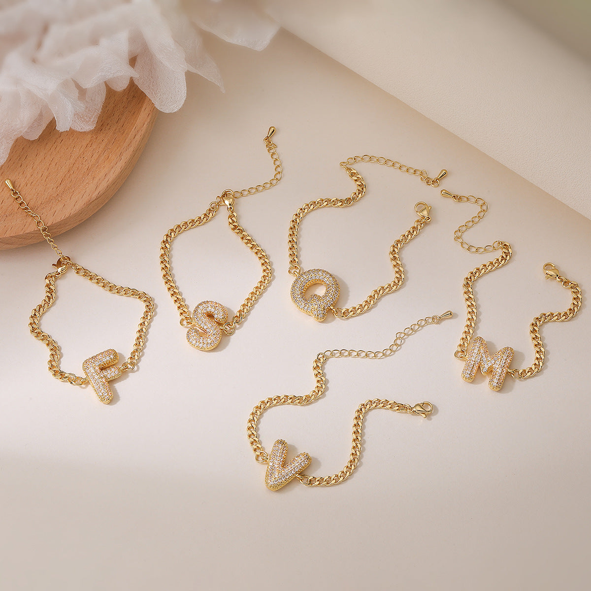 Minimalist Hip-hop 18K Gold Plated Letter Cubic Zirconia Bracelet for Women