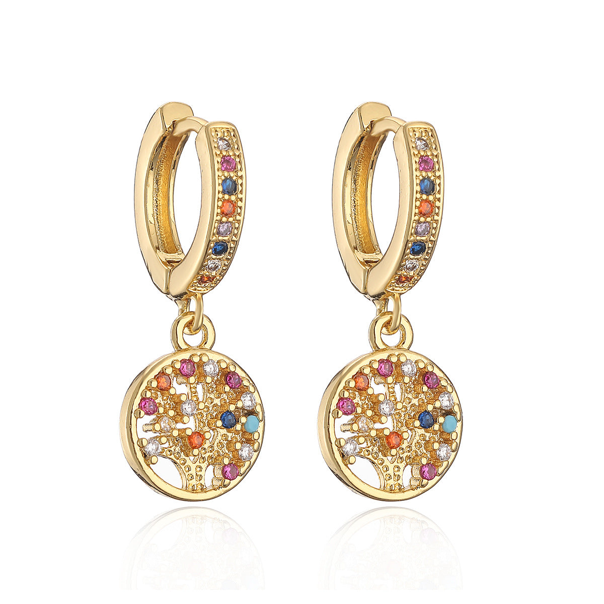 Minimalist Geometric Palm Tree Hand-Shaped Earrings in Brass with Real Gold Plating and Zircon Inlay